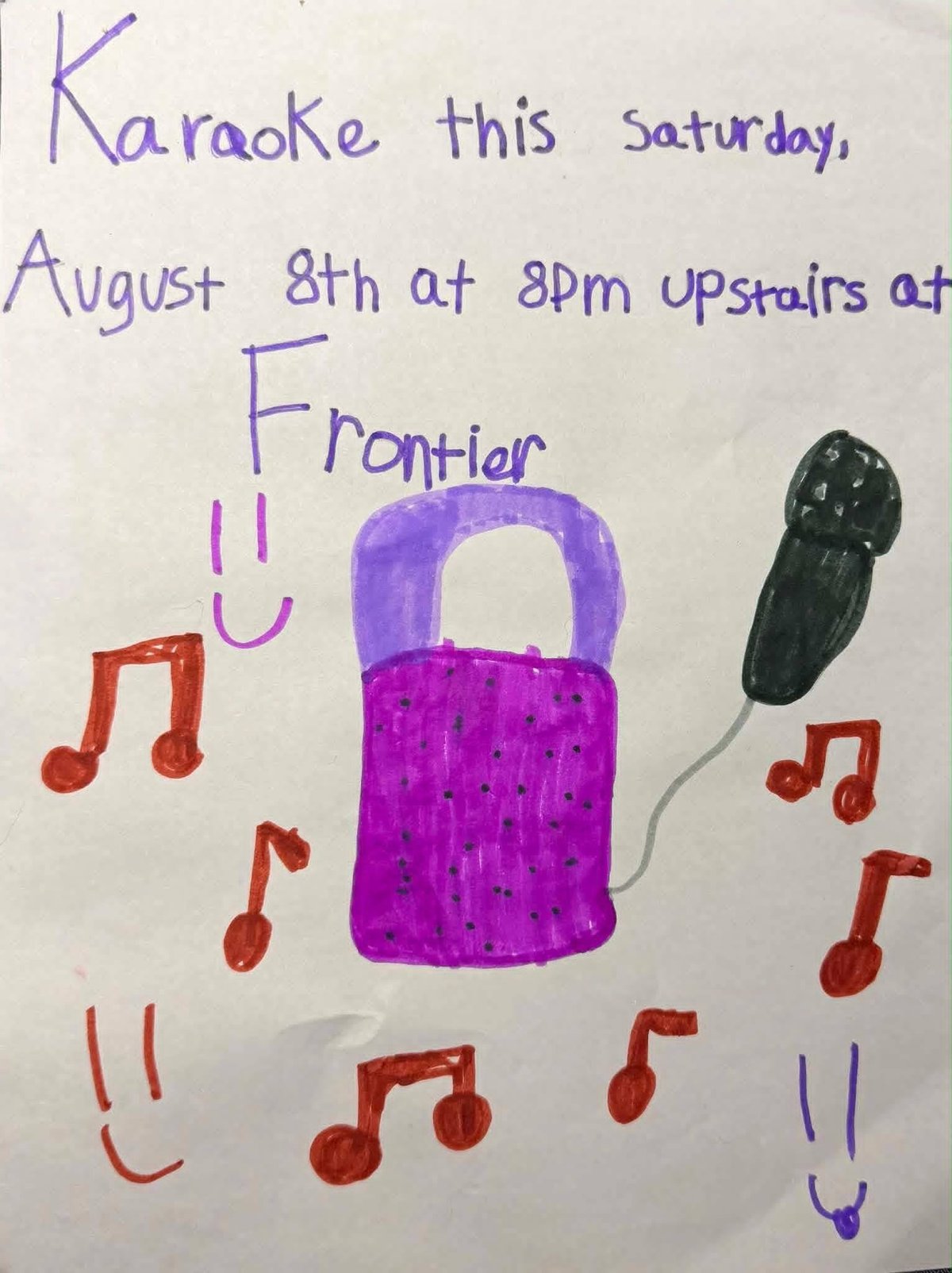 Hand-drawn flyer advertising a karaoke event decorated with colorful musical notes and a microphone illustration