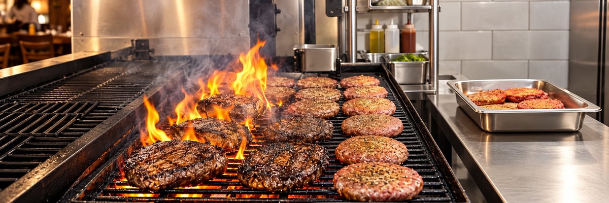 Multiple beef patties cooking on a large commercial grill with flames, in a professional kitchen setting
