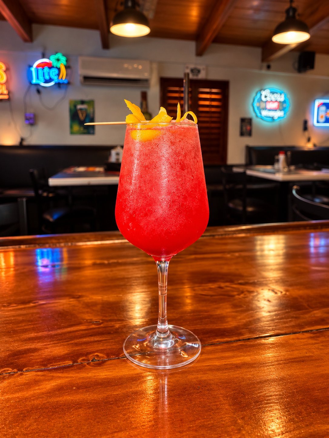 Vibrant red cocktail with gold leaf garnish on a wooden bar in a neon-lit venue