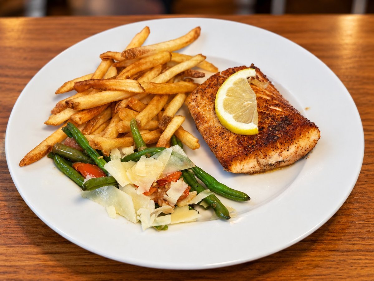 Grilled salmon fillet with lemon, served with crispy french fries and green beans on a white plate