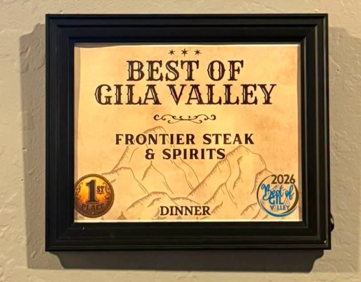 Best of Gila Valley 2026 first place plaque for Frontier Steak & Spirits — best dinner