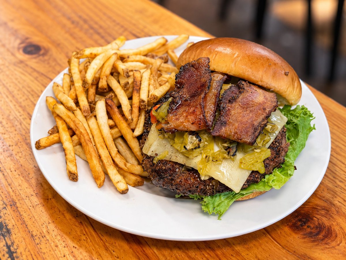 Gourmet burger with crispy bacon, melted cheese, and fresh lettuce served with golden french fries on a white plate
