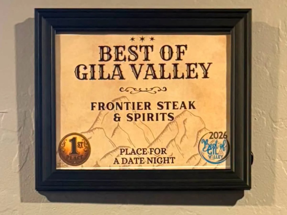 Best of Gila Valley 2026 first place plaque for Frontier Steak & Spirits — best place for a date night