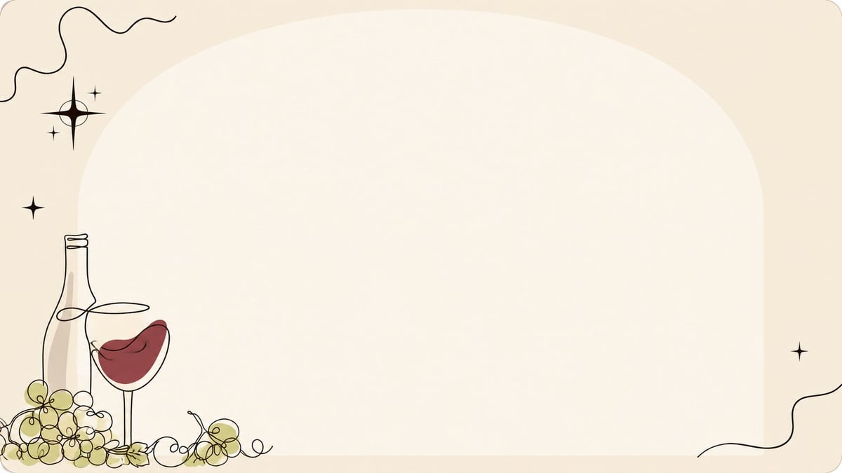 Wine bottle and glass with grapes on beige background with decorative elements