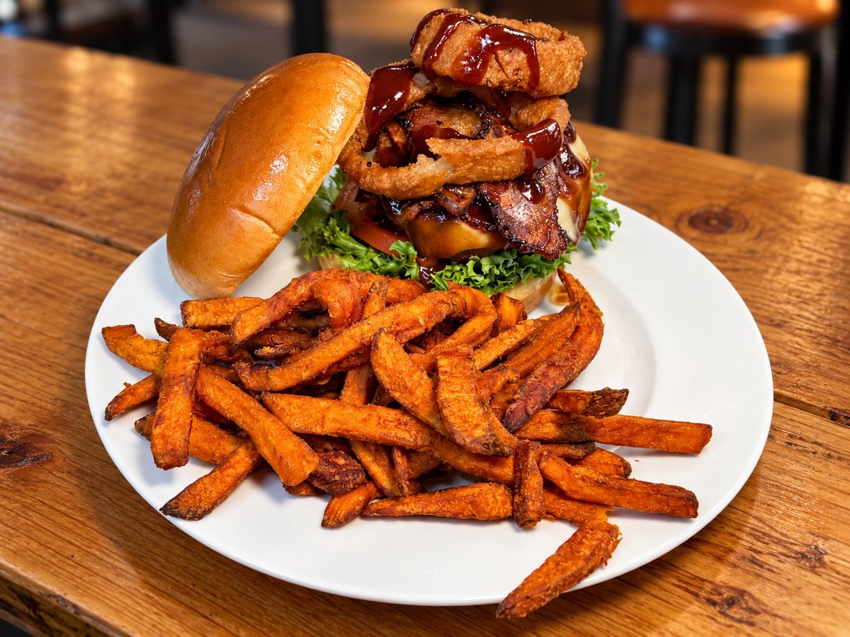 Gourmet burger stacked with caramelized onions and greens, topped with crispy onion rings, served with sweet potato fries on a white plate