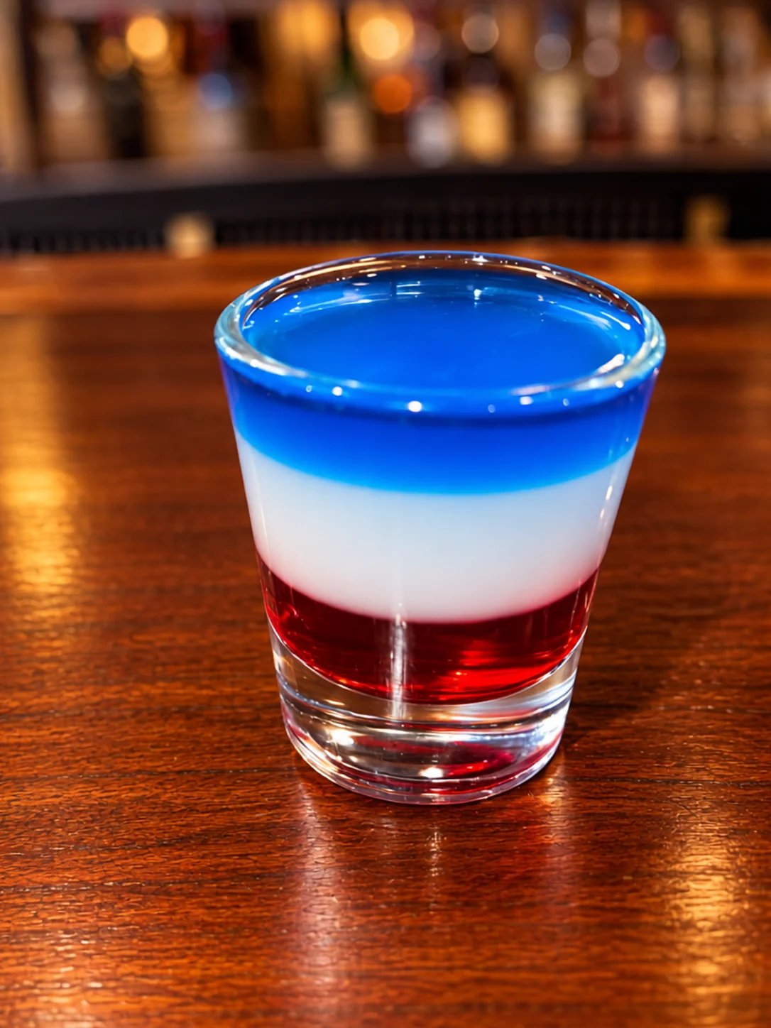 Patriotic layered shot drink with blue, white, and red liqueurs in a glass on a wooden bar counter