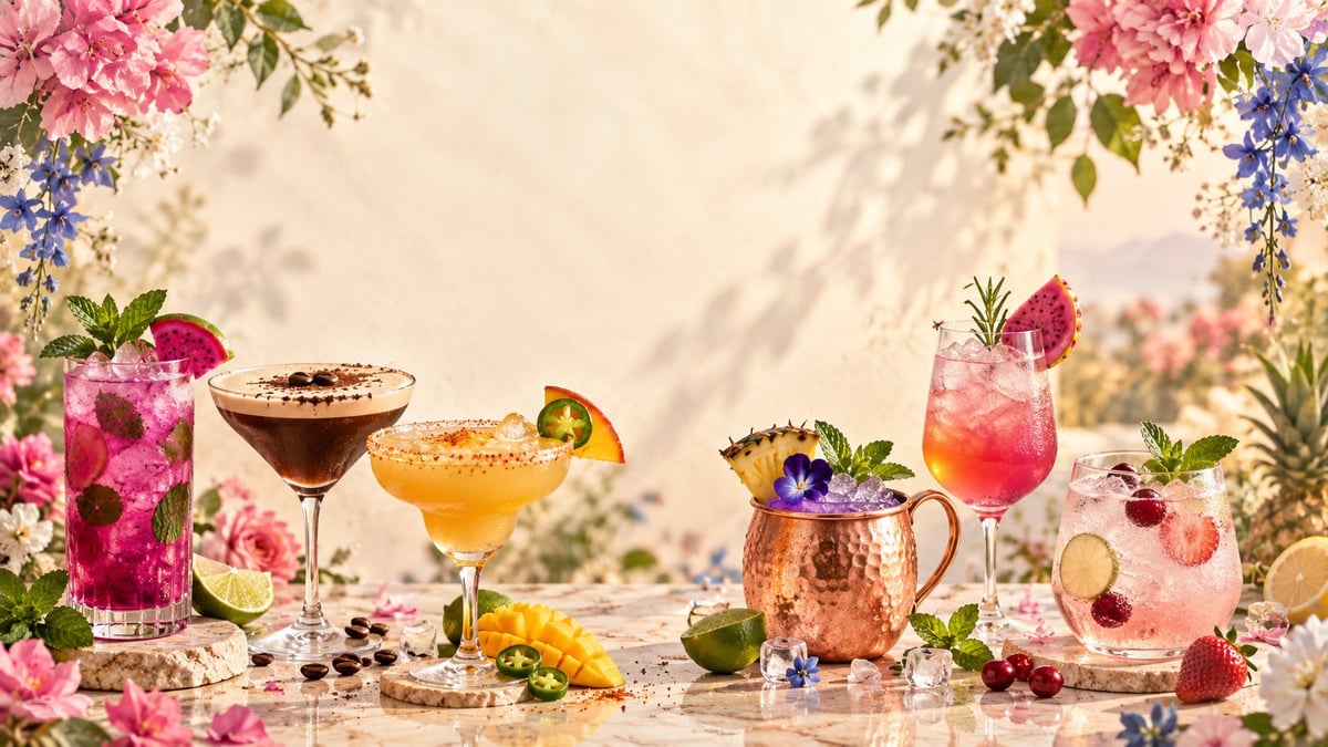 Assorted colorful cocktails and mocktails arranged on a table with fresh flowers, citrus fruits, and garnishes in natural daylight