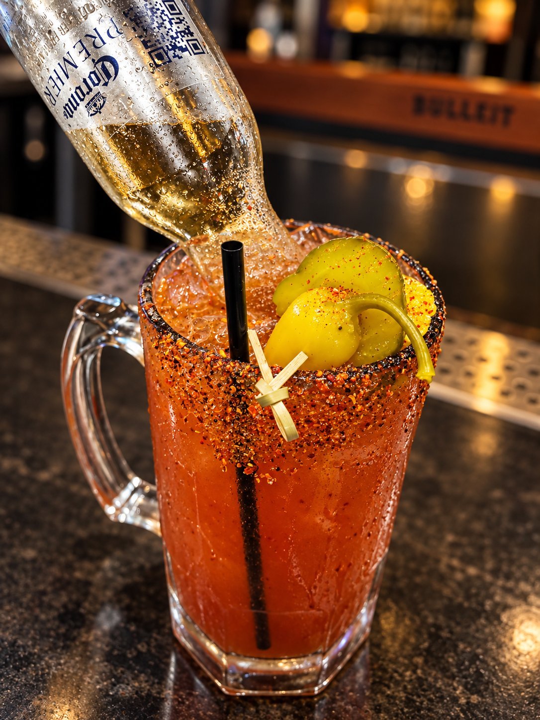 Champagne pouring into a spiced cocktail garnished with green grapes and a cinnamon stick, served in a mug at a bar