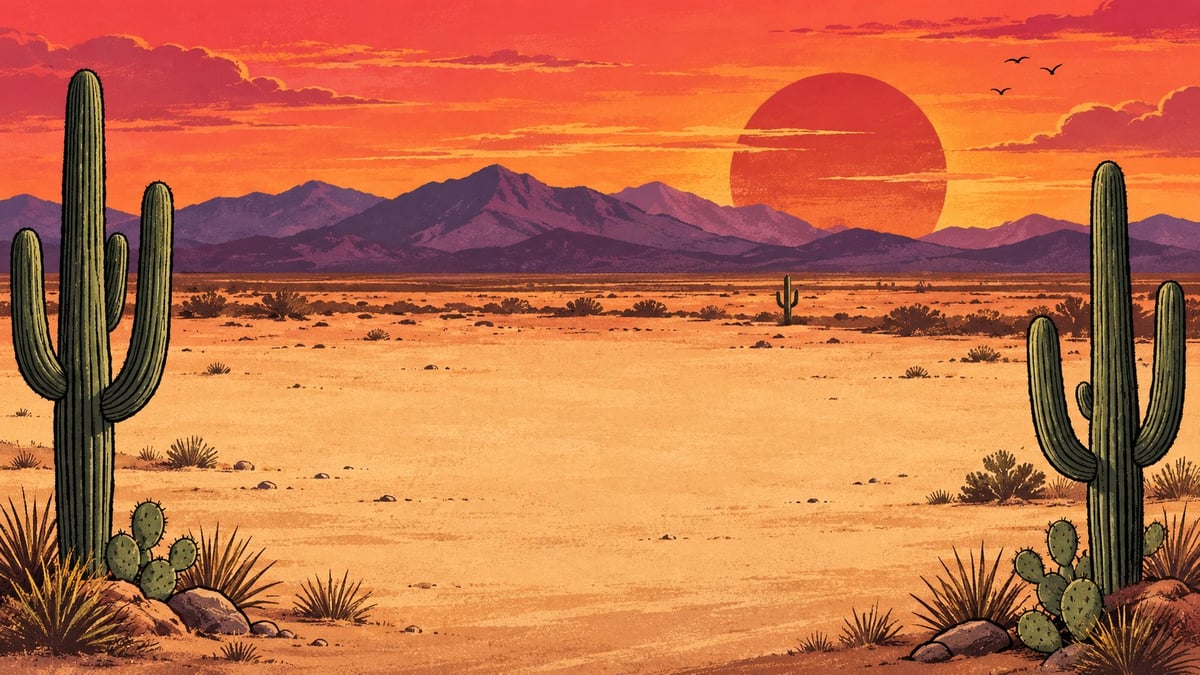 Desert sunset with towering saguaro cacti, distant mountains, and large orange sun on the horizon