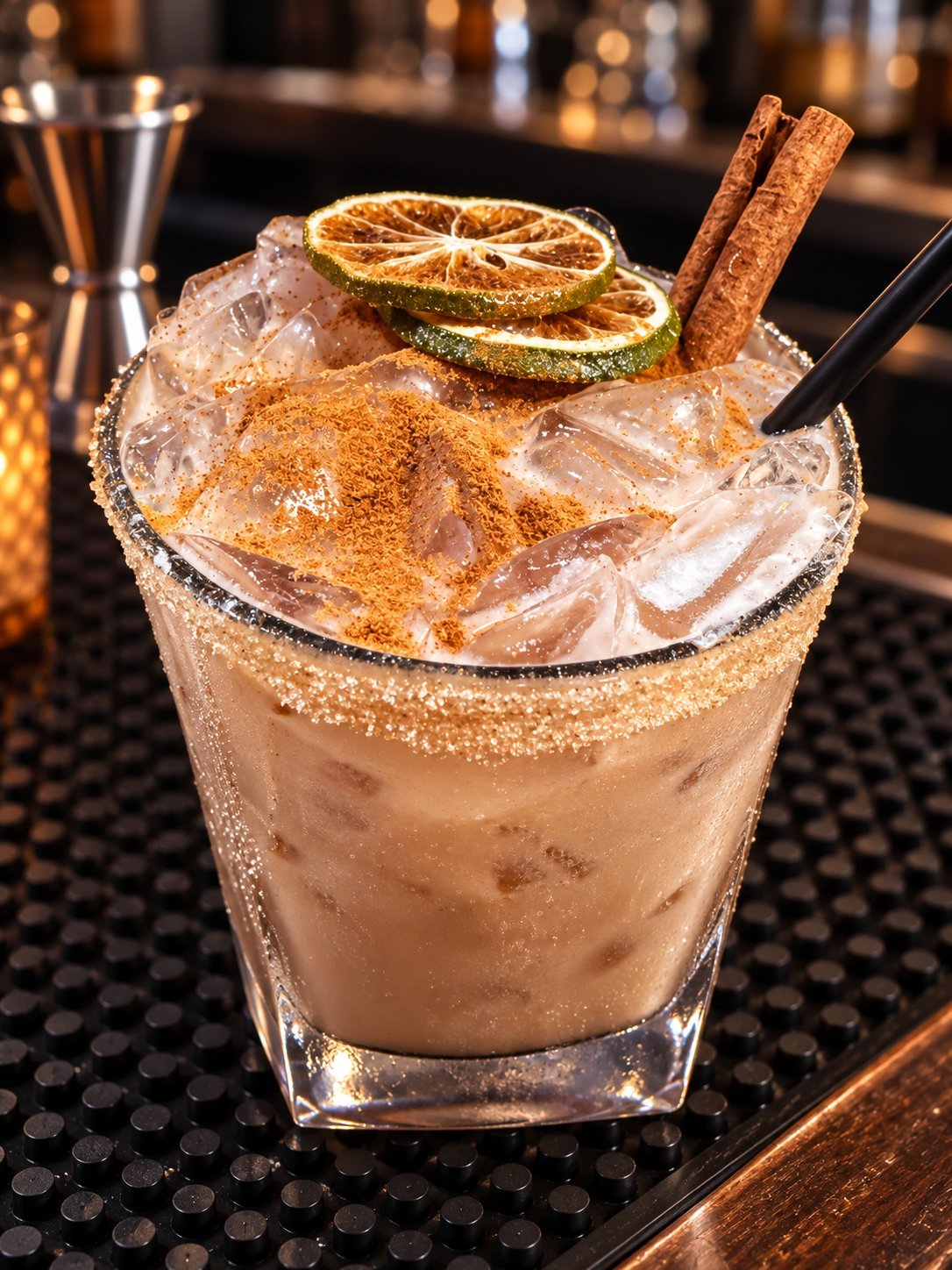 Craft cocktail with cinnamon-sugar rim, ice, dried citrus slices, and a cinnamon stick garnish on a bar counter