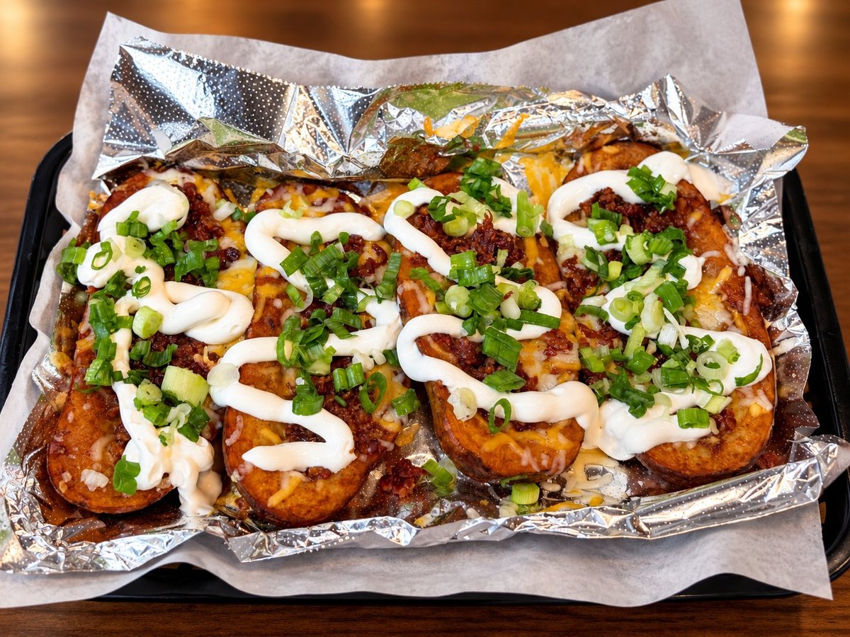 Crispy fried potato patties topped with sour cream, green onions, and bacon bits served on foil-lined paper