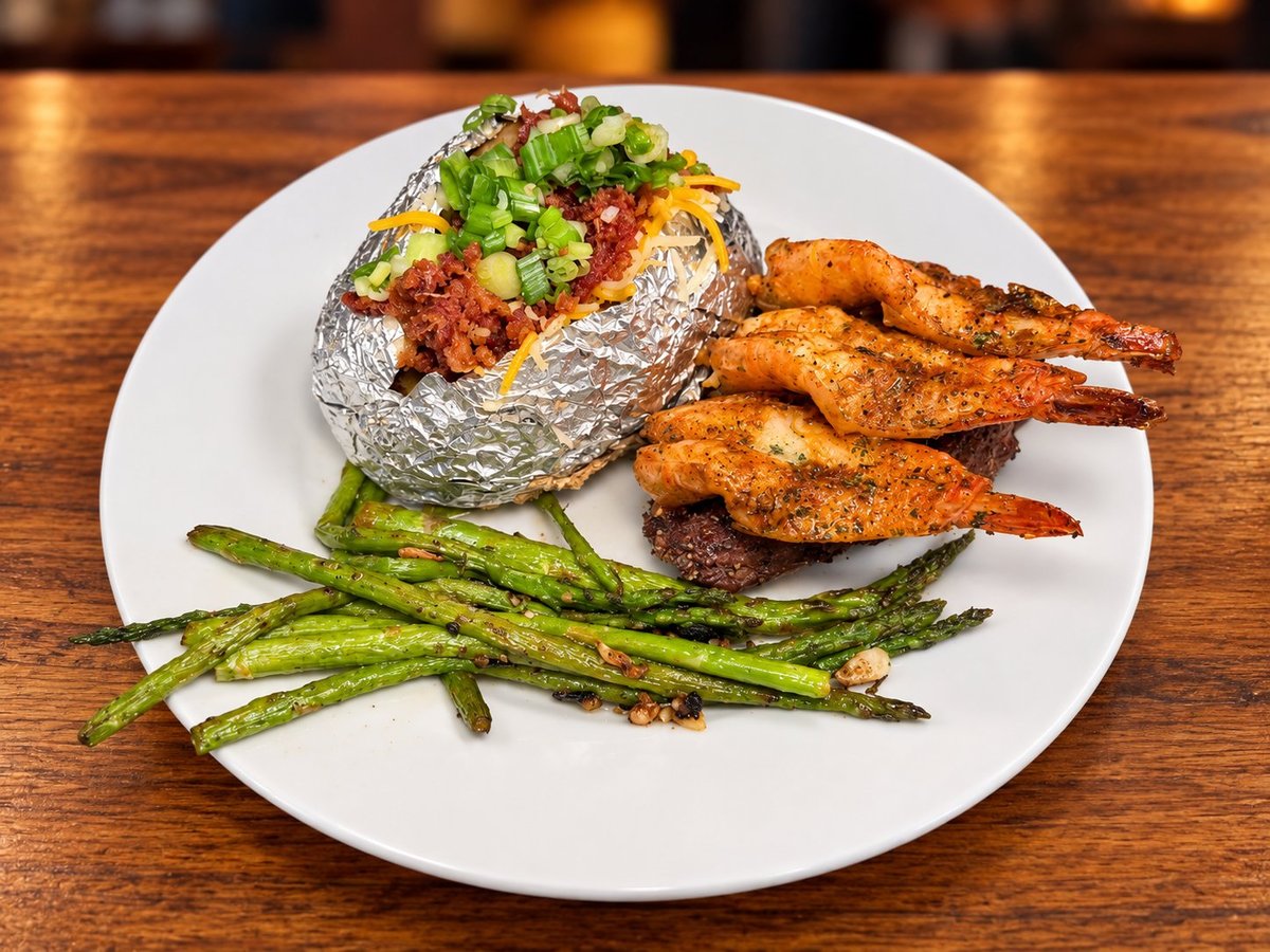 Plate with baked potato topped with bacon and green onions, grilled shrimp skewers, and roasted asparagus on wooden table