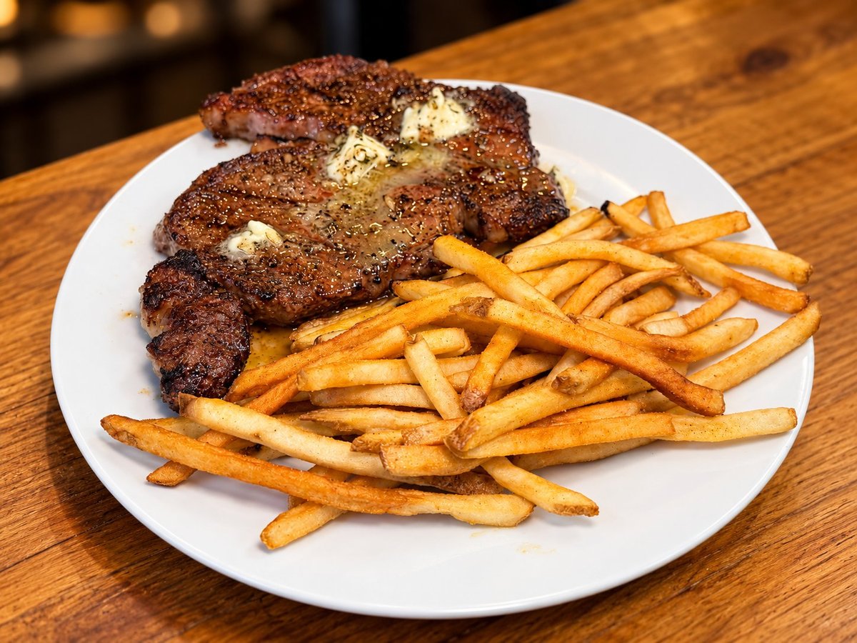 Grilled steak with melted butter on white plate, topped with crispy golden french fries on wooden surface