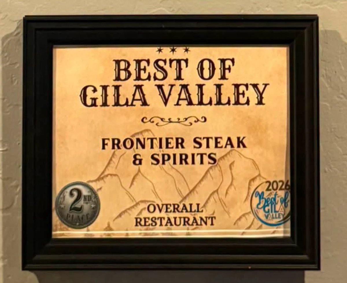 Best of Gila Valley 2026 second place plaque for Frontier Steak & Spirits — best overall restaurant