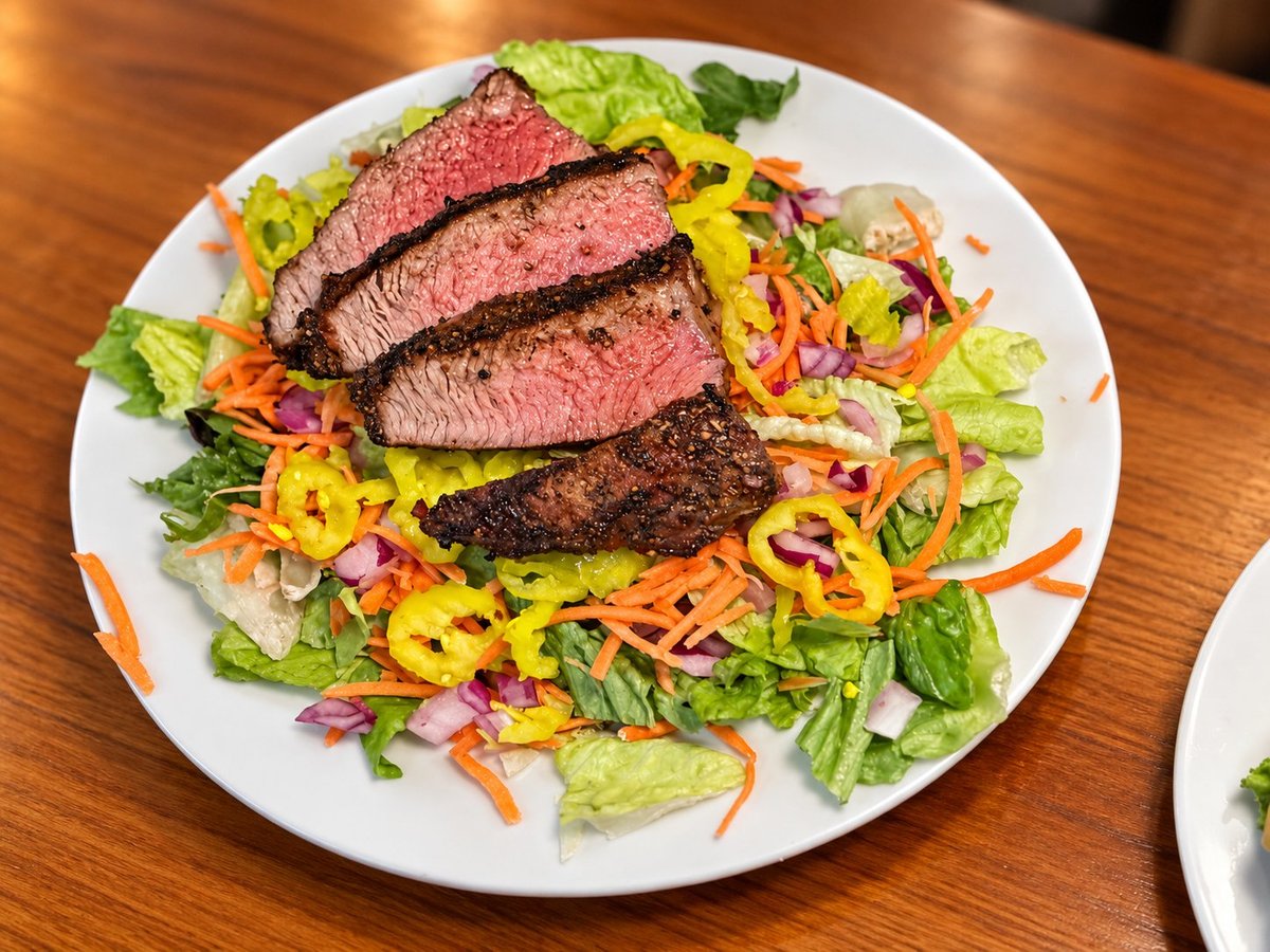 Sliced rare steak arranged on a bed of mixed greens and grilled corn, served on a white plate