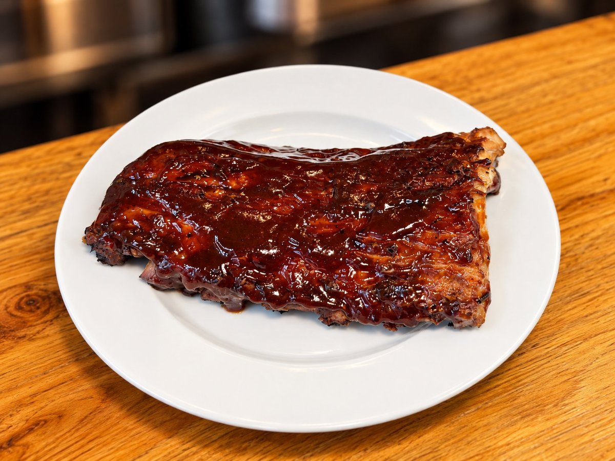 Glazed ribs on a white plate sitting on a wooden table with blurred background