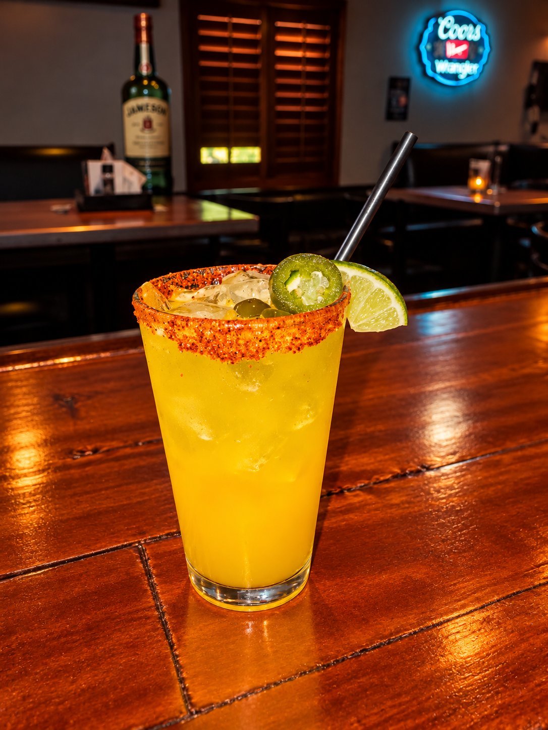 Yellow margarita with a spicy rim and lime garnish on a bar counter with a neon sign and bottle in the background